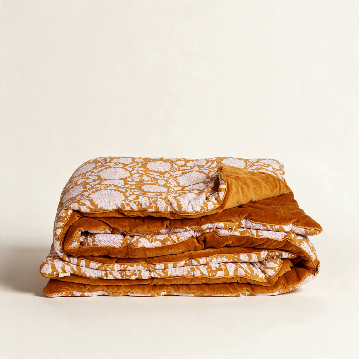 Maya Caramel block-print cotton sofa cover with tassels