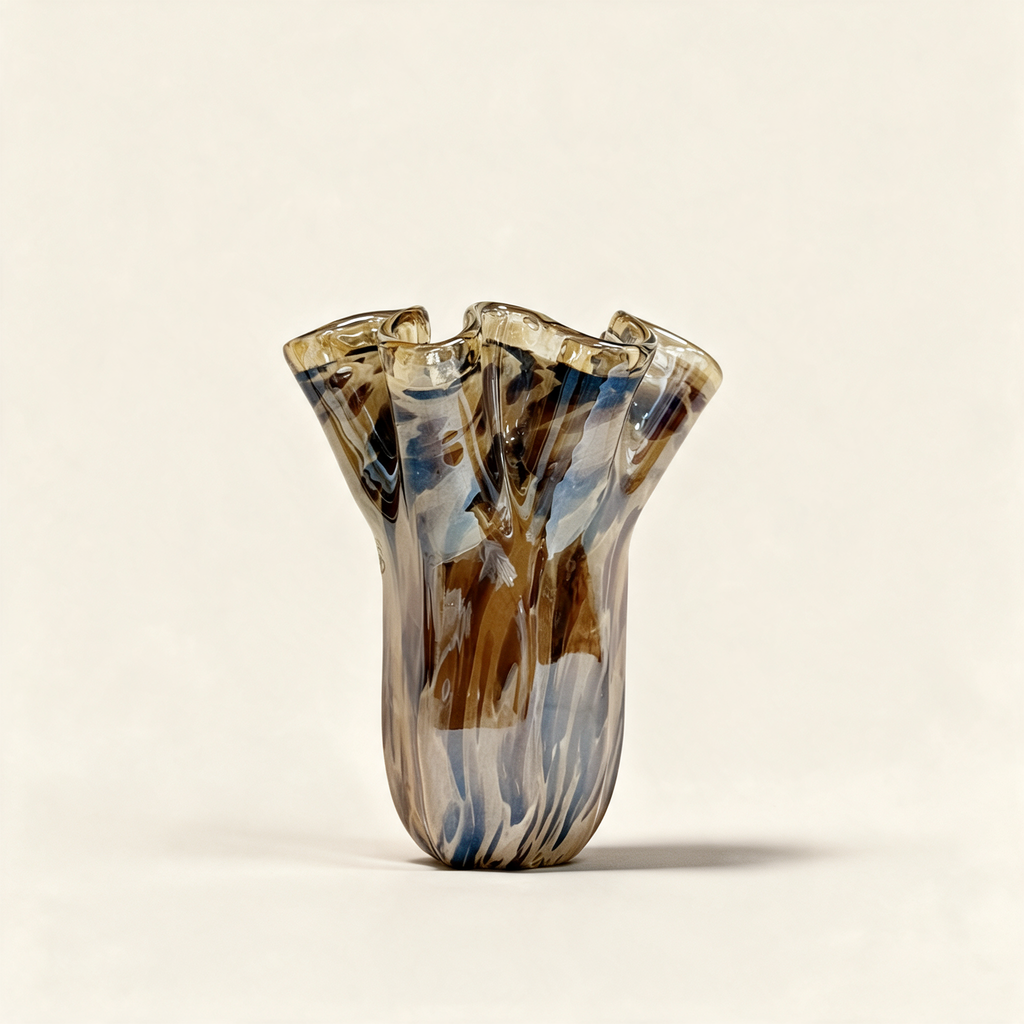 Medium animalier spotted Murano glass handkerchief vase on a cream background