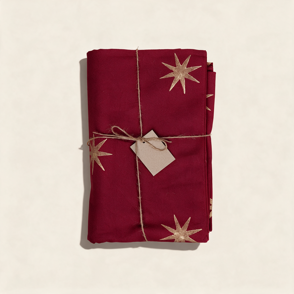 Merlot cotton tablecloth with a gold star block print