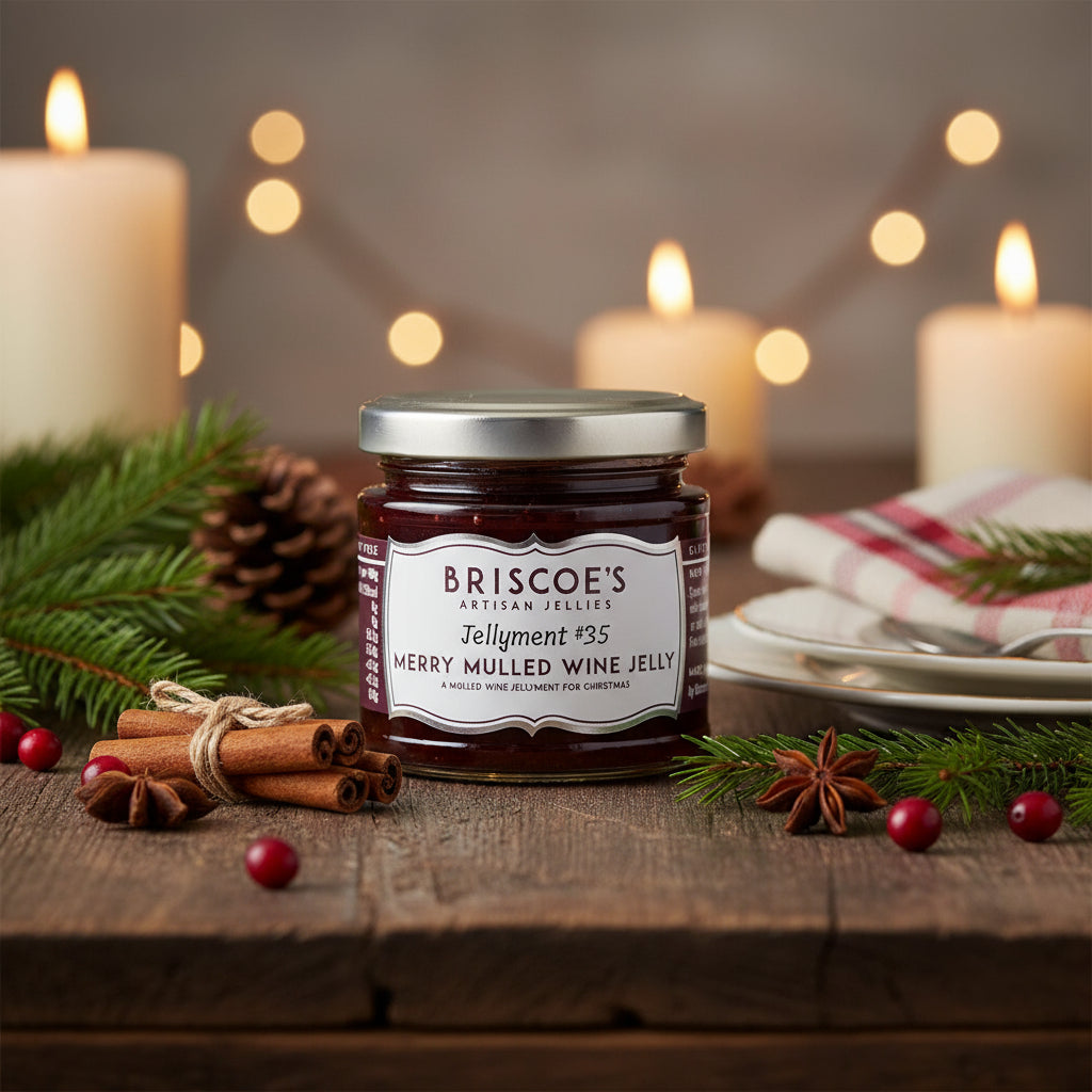 A jar of Briscoe's Artisan Jellies Merry Mulled Wine Jelly, with a label indicating it is a jellyment for Christmas.