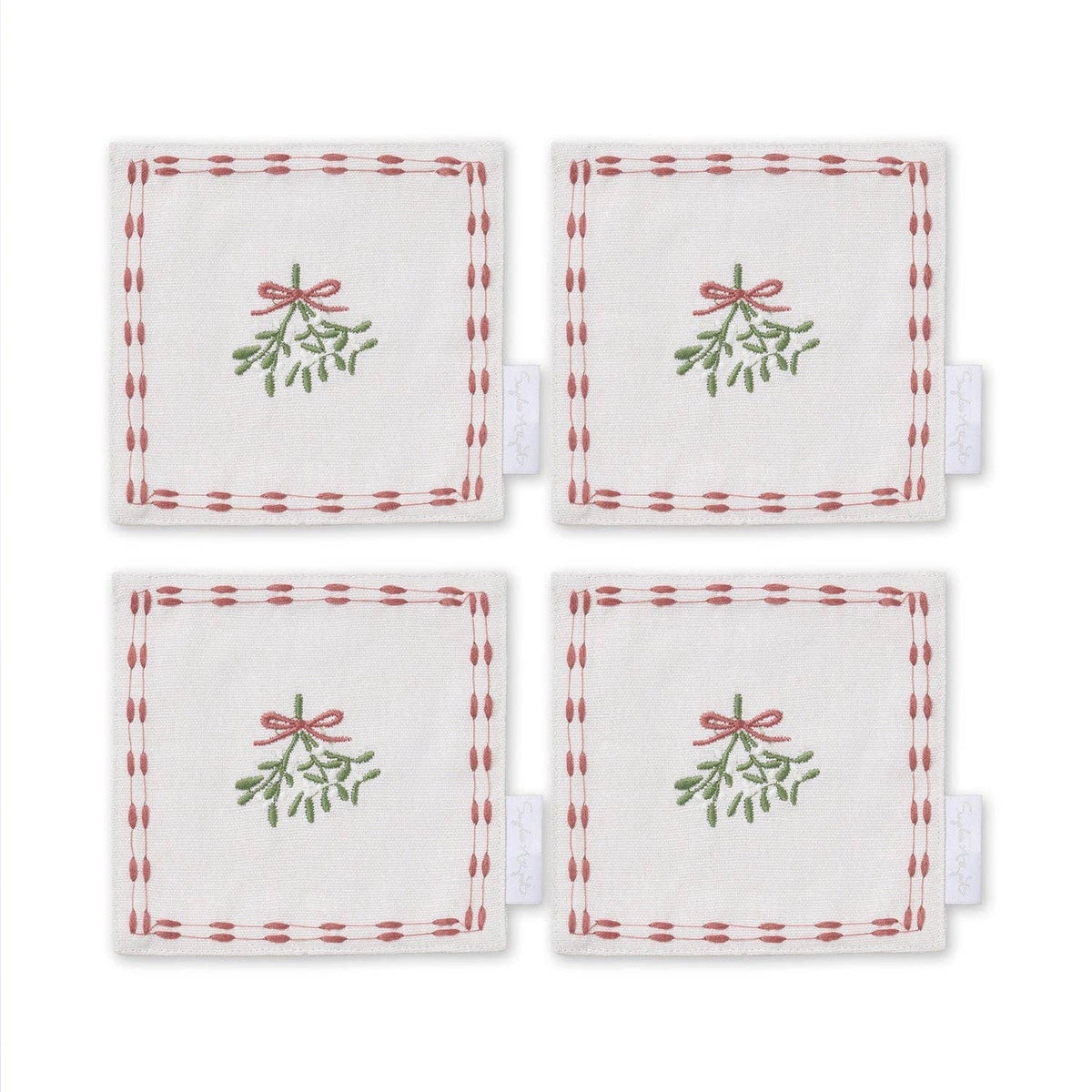 Mistletoe embroidered cotton drink napkin