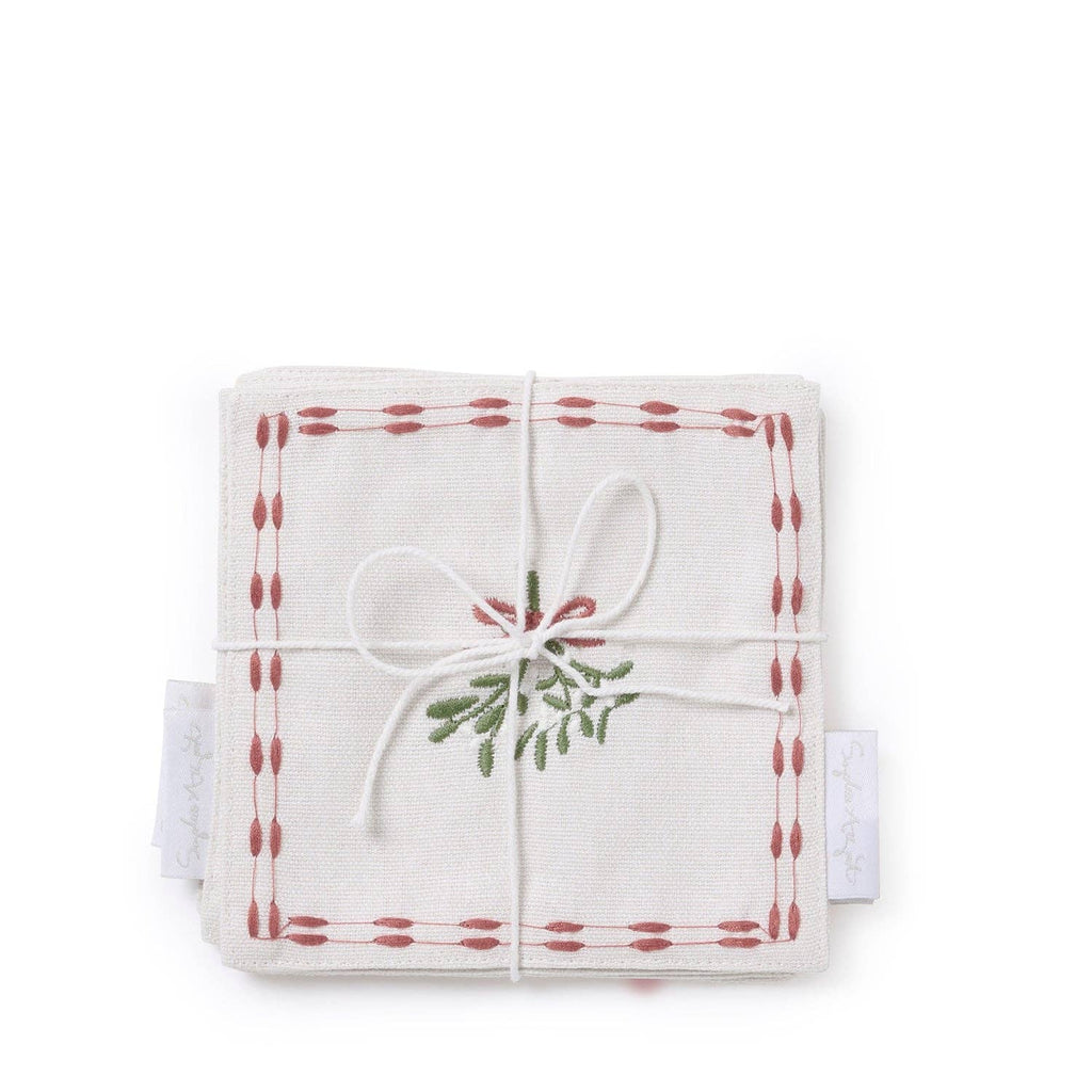 Set of mistletoe embroidered drink napkins stacked