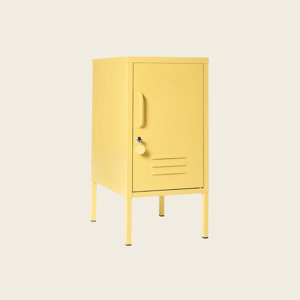 Yellow metal locker on a beige background
