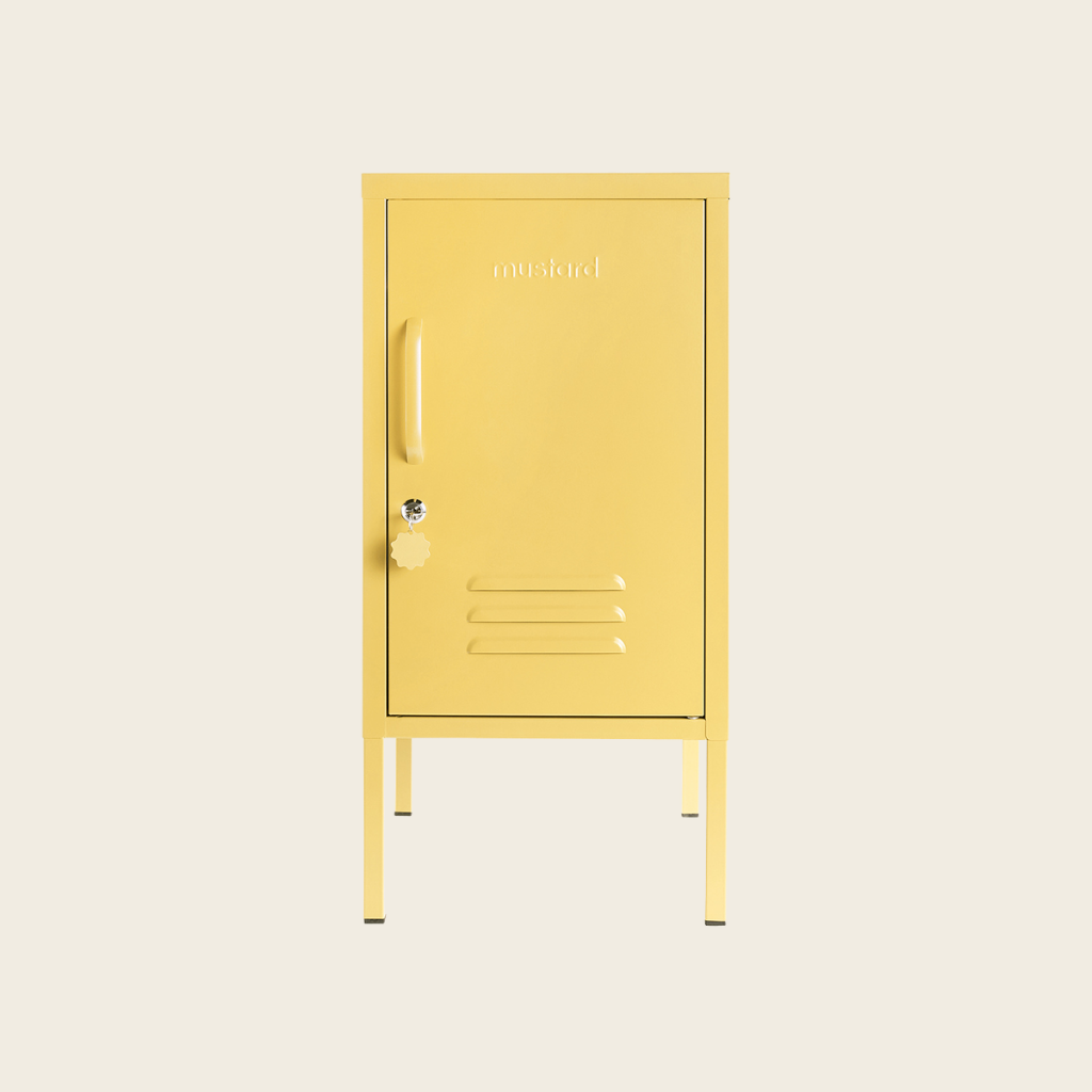 Yellow locker with a brand name on a beige background