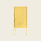 Yellow locker with a brand name on a beige background