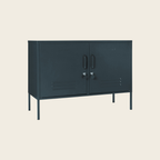 Dark gray metal cabinet with two doors on a beige background