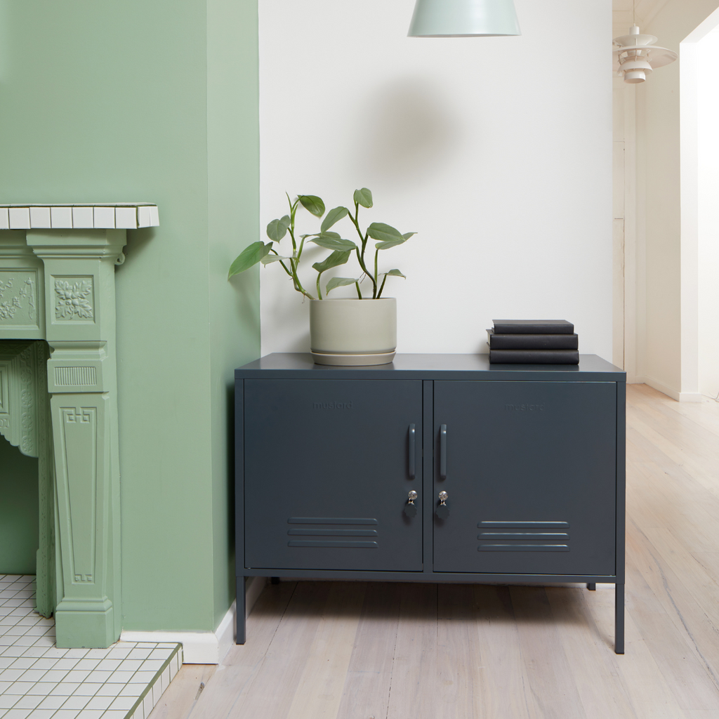 Dark gray cabinet with a plant and books against a green wall and white wall.