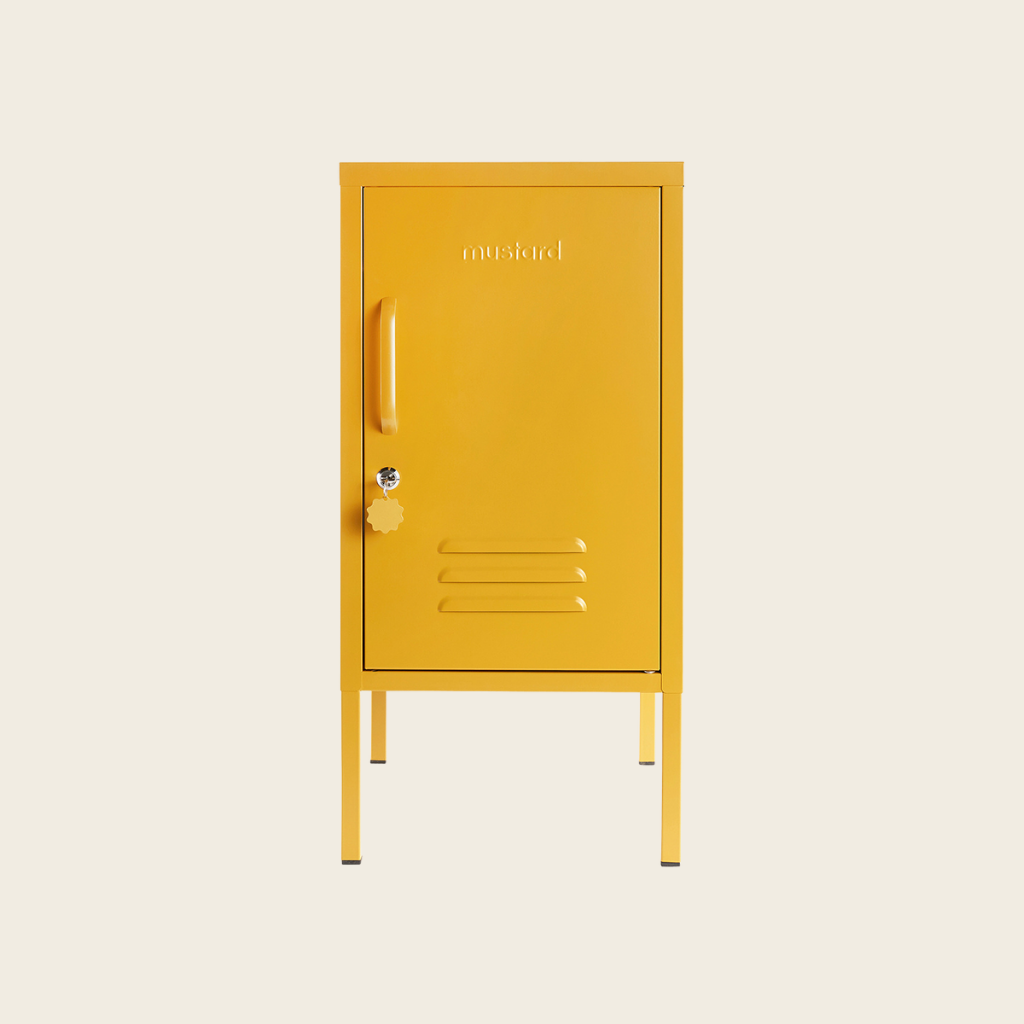 Yellow metal locker on a beige background