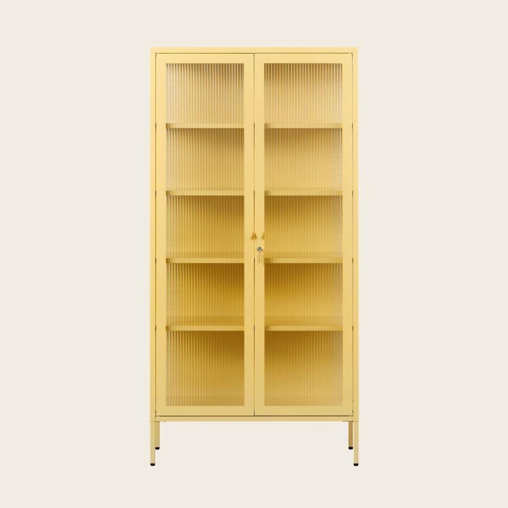 Yellow metal cabinet with glass doors on a white background