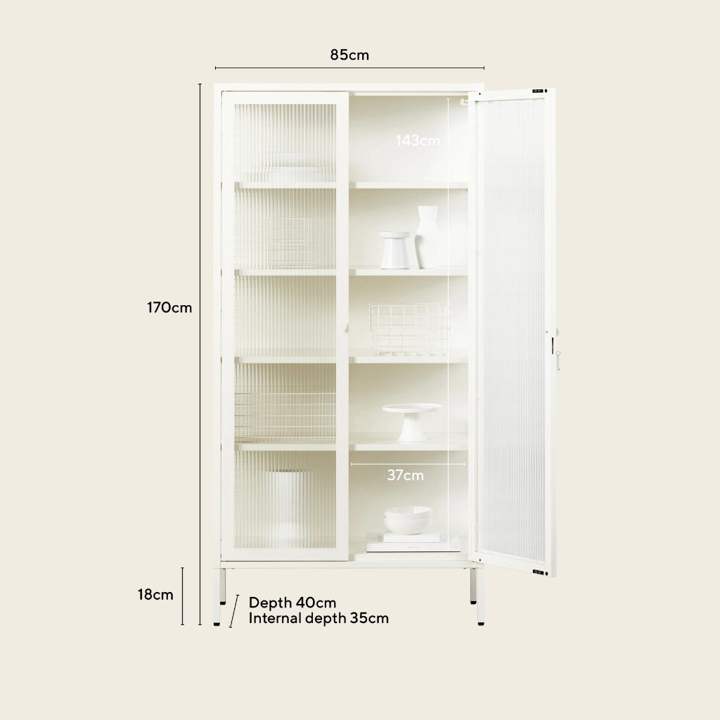 White cabinet with dimensions labeled on a beige background