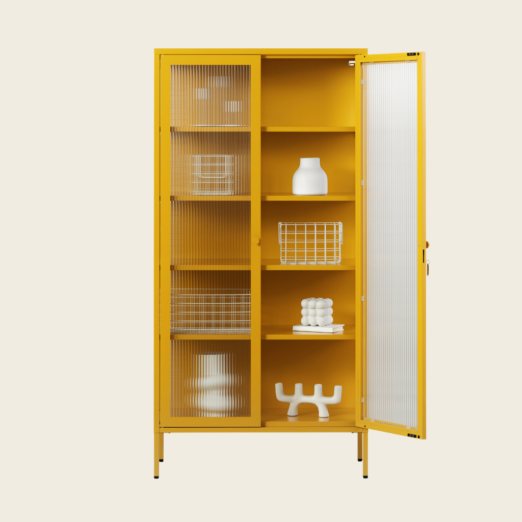 Yellow storage cabinet with glass doors on a beige background