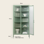 Green metal cabinet with dimensions labeled on a beige background
