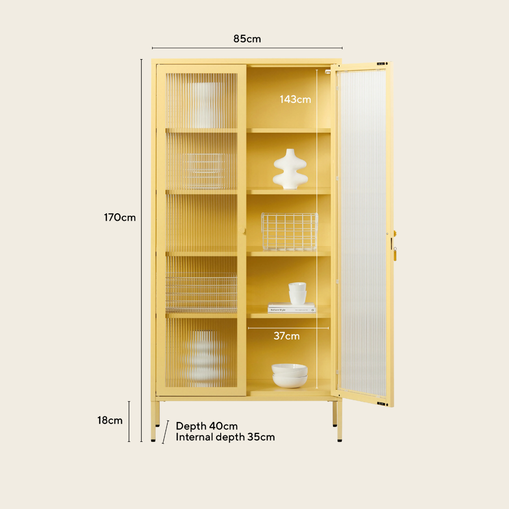 Yellow cabinet with glass doors and dimensions on a beige background