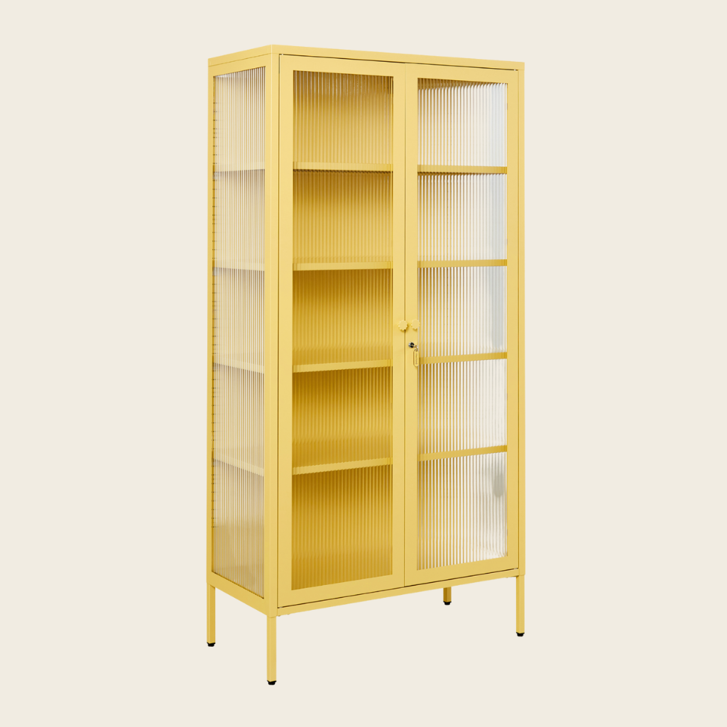 Yellow cabinet with glass doors on a beige background