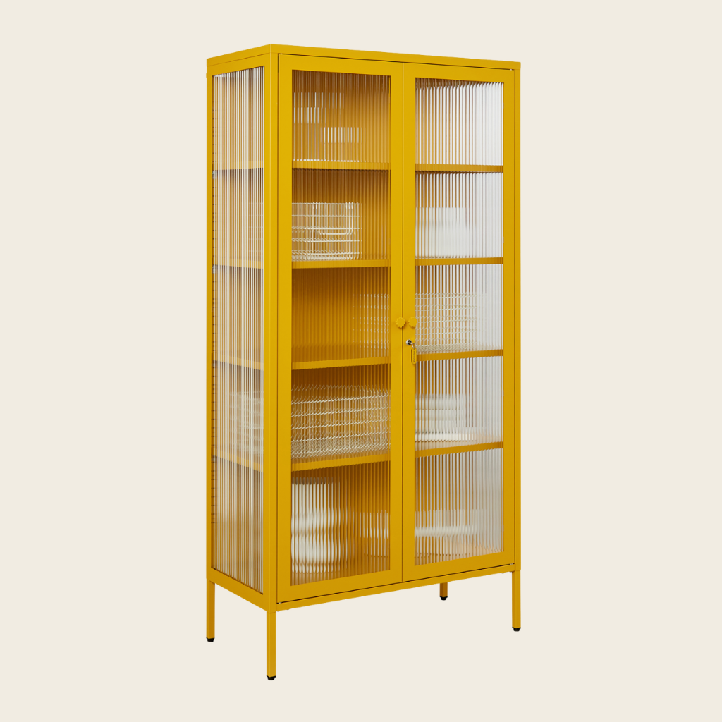 Yellow glass-fronted cabinet on a beige background