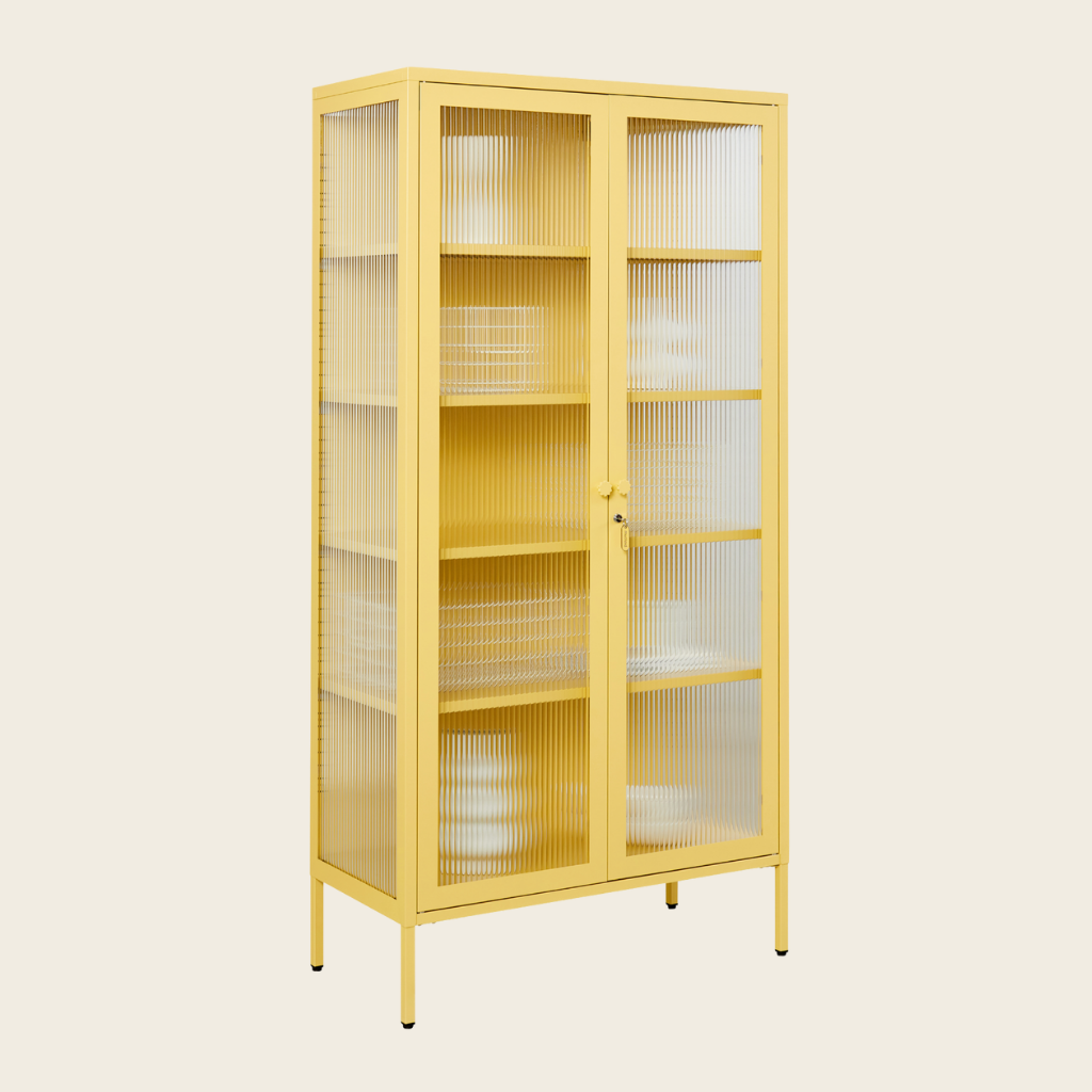 Yellow cabinet with glass doors on a beige background