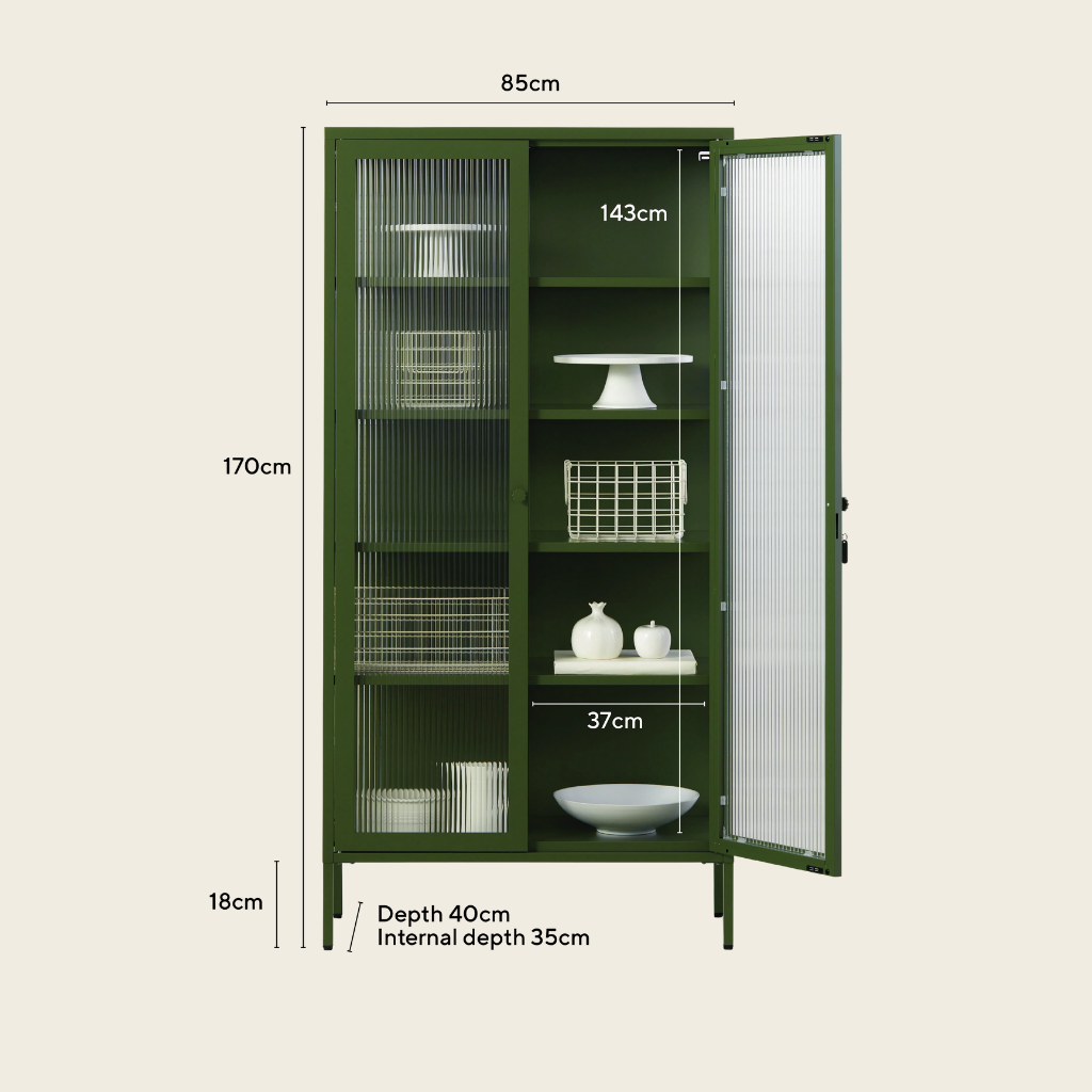 Green cabinet with dimensions labeled on a beige background