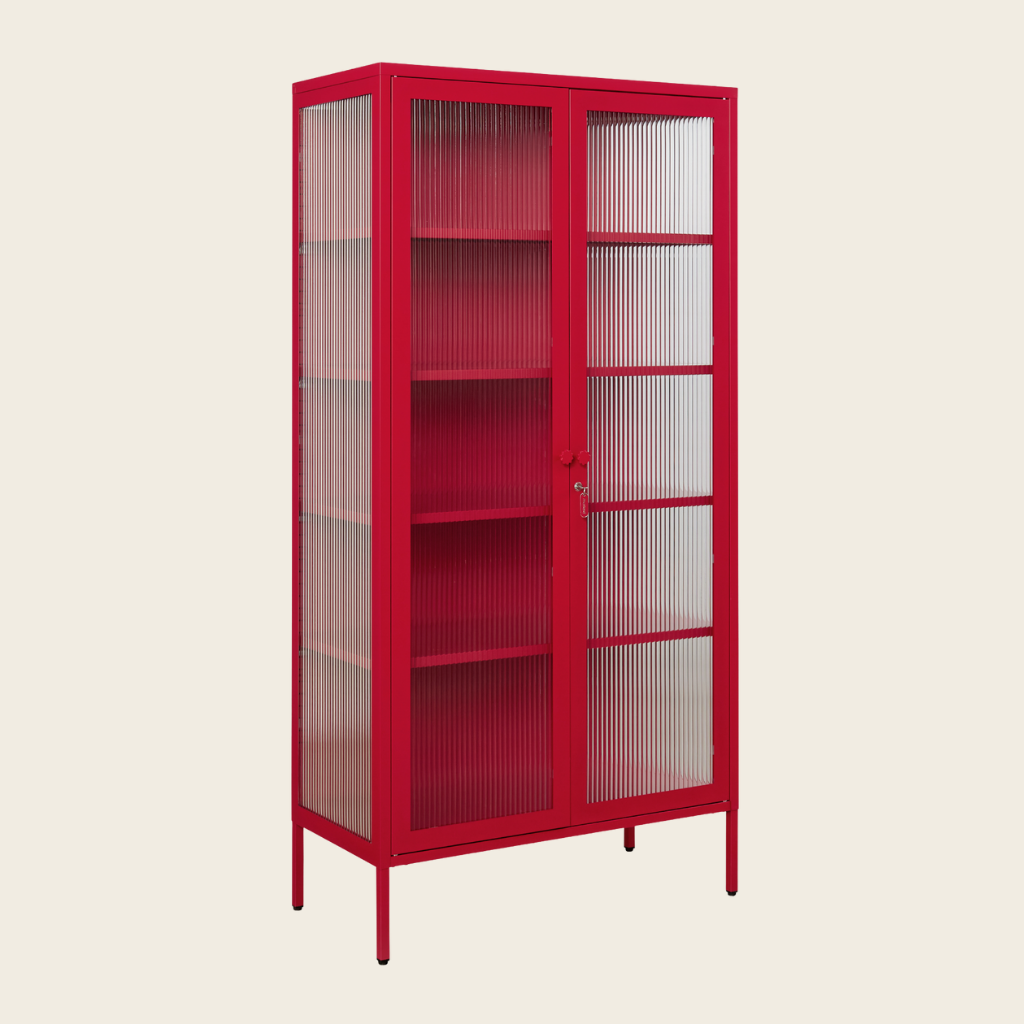 Red cabinet with glass doors on a beige background