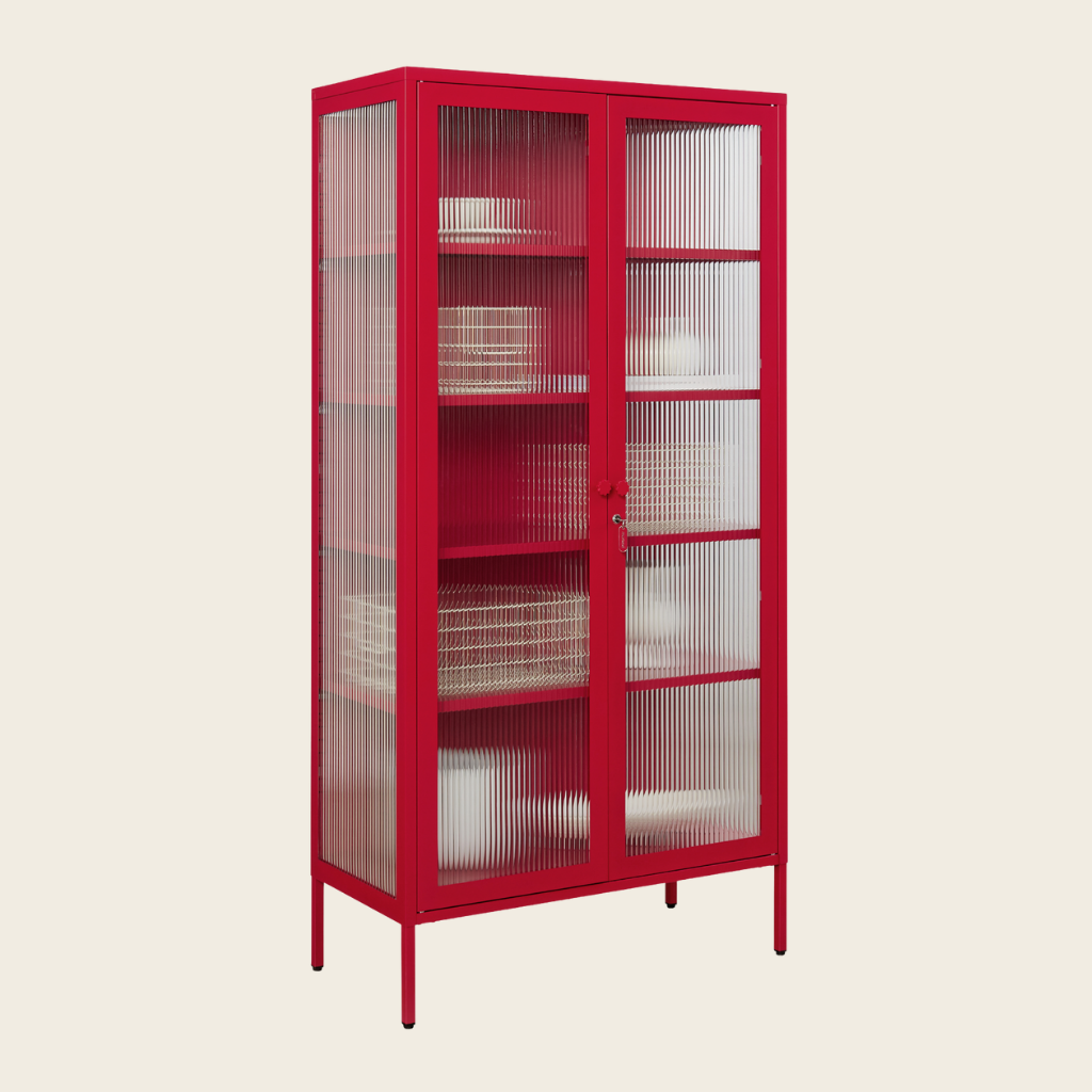 Red glass-fronted cabinet on a beige background