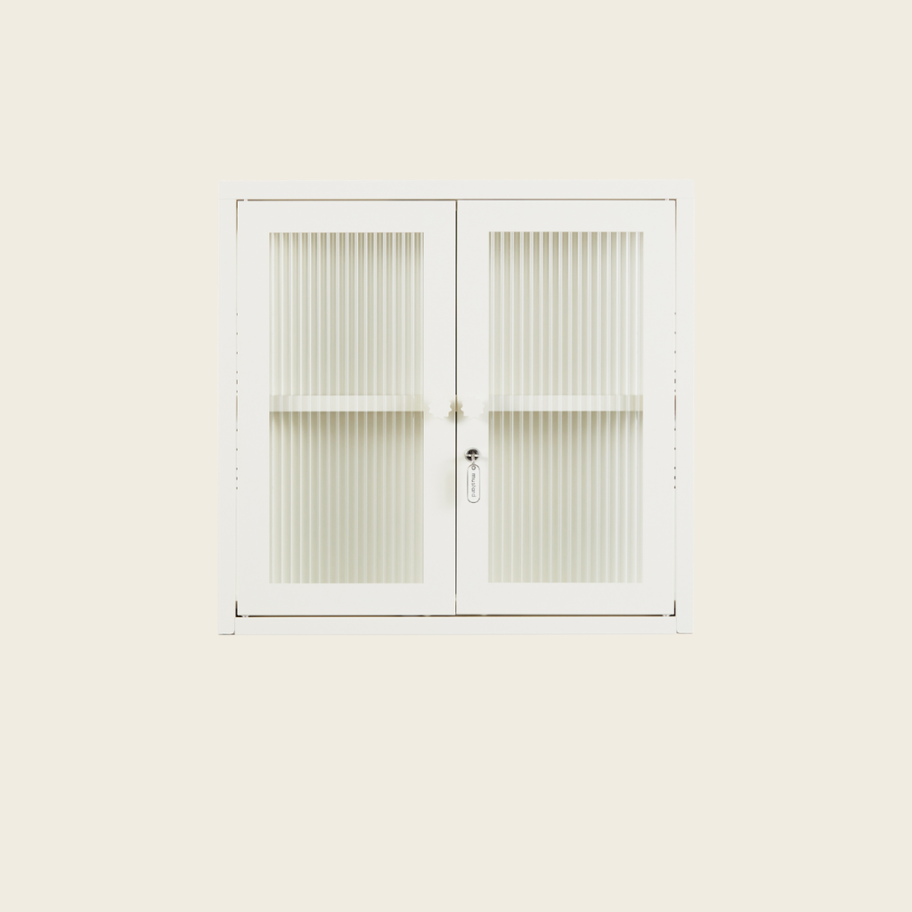 White double doors with glass panels on a light beige background