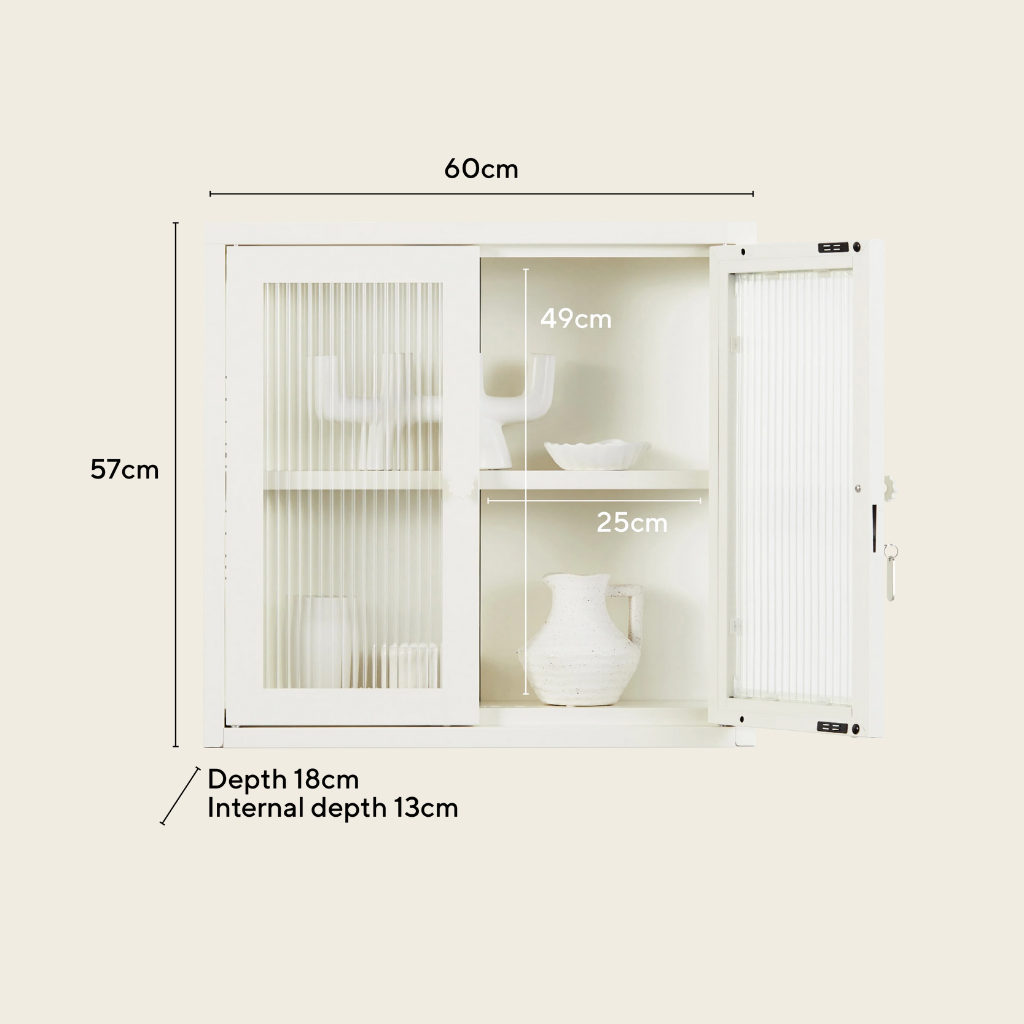 White cabinet with dimensions labeled on a white background