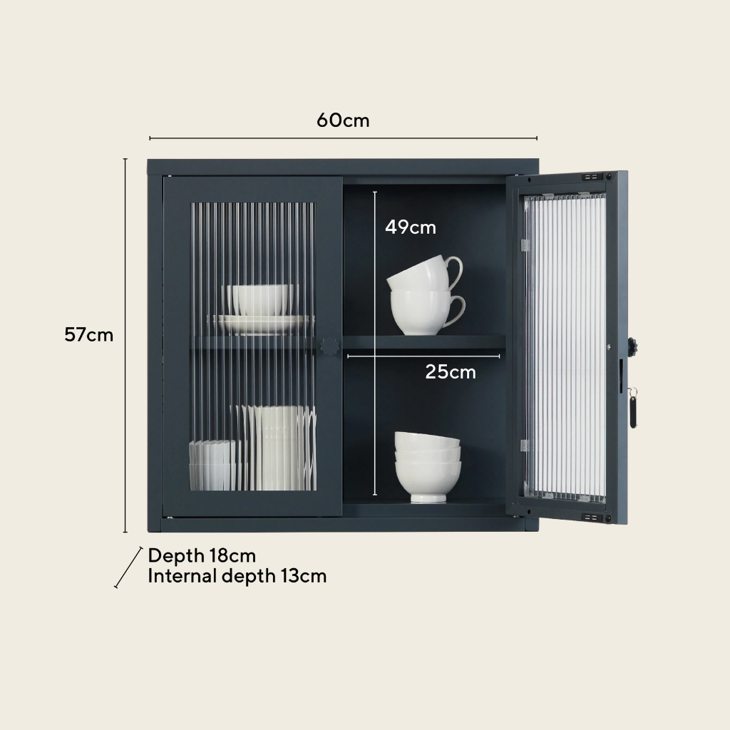 dark grey cabinet with glass doors displaying white cups and saucers, with dimensions labeled.