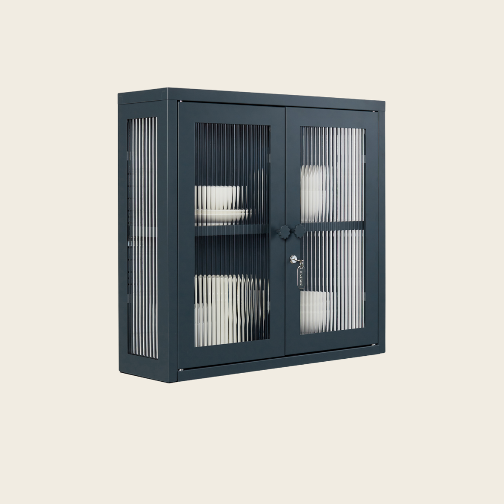 Dark grey cabinet with glass doors on a beige background