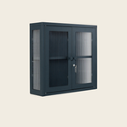Dark grey cabinet with glass doors on a beige background