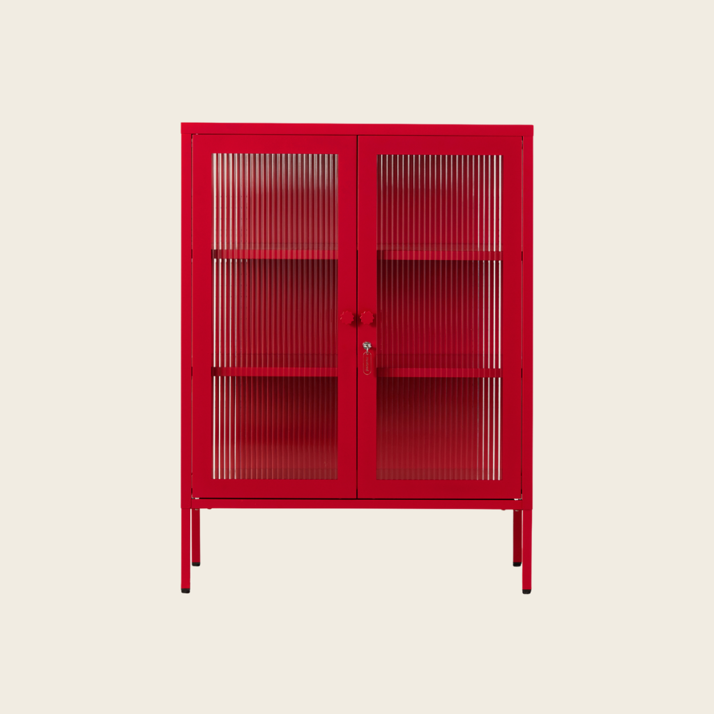 Red metal cabinet with glass doors on a beige background