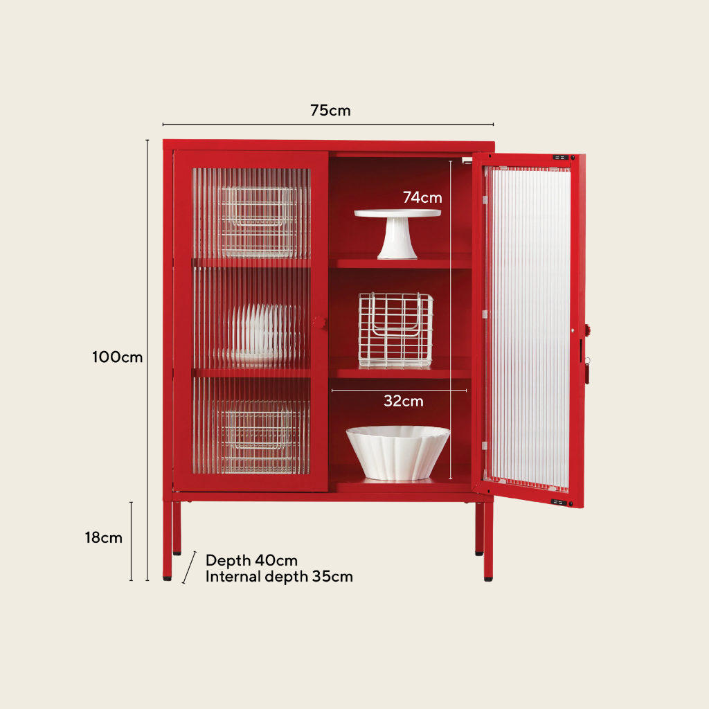Red cabinet with dimensions labeled on a beige background