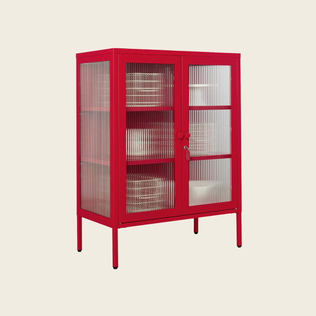 Red cabinet with glass doors on a beige background