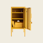Yellow metal locker with open door on a beige background
