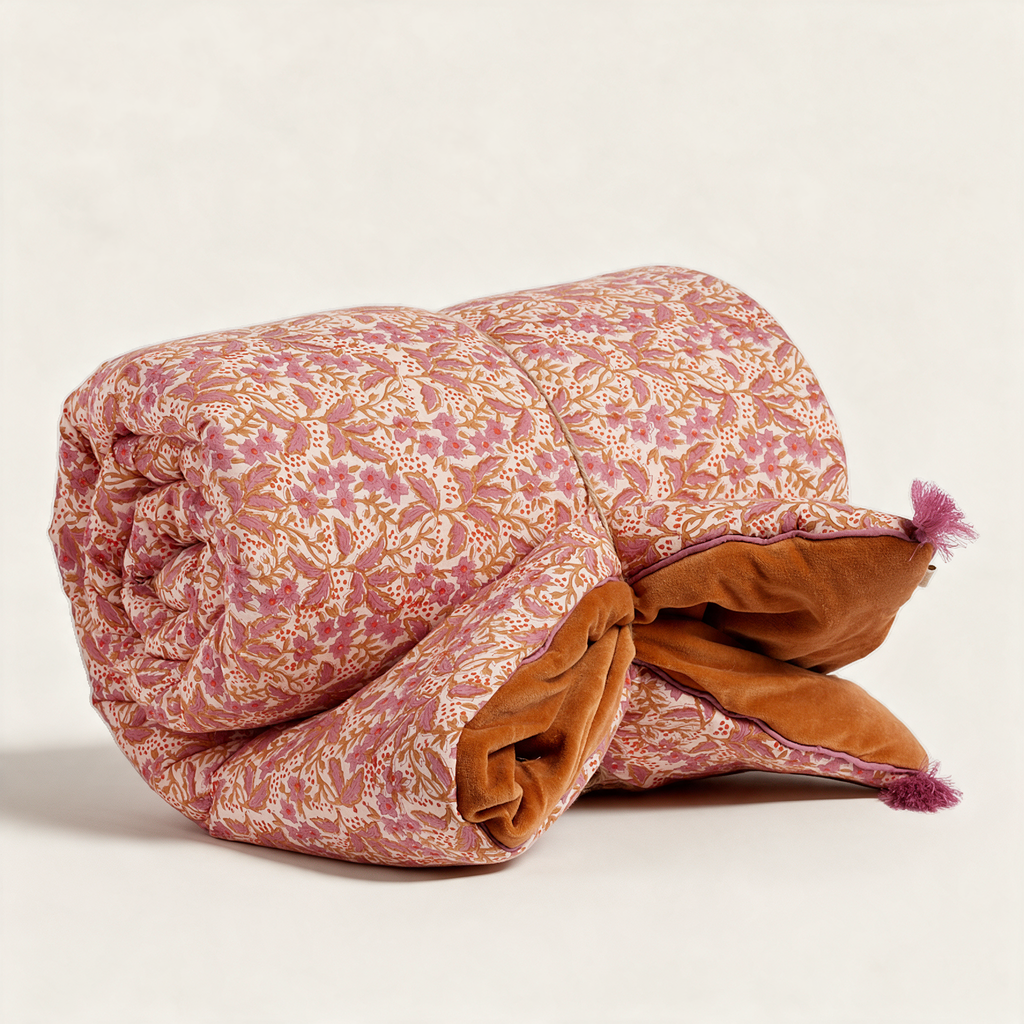 Nalini Pink block-print sofa cover with tassels