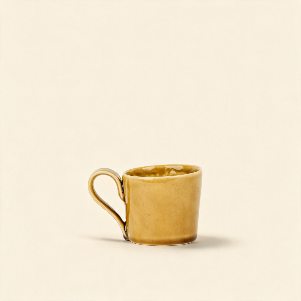 Handmade ochre stoneware coffee cup on a cream background