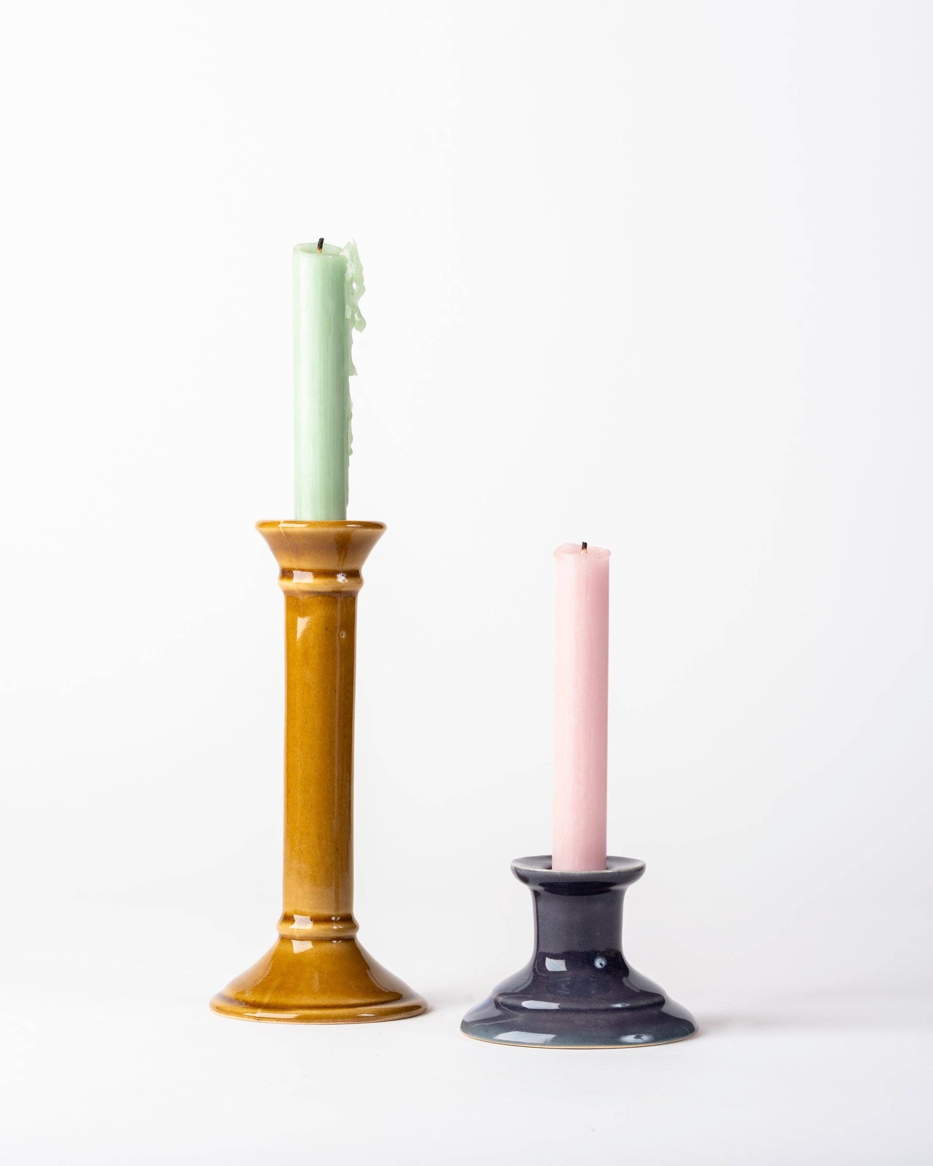 Handmade yellow ochre ceramic taper candlestick, detail