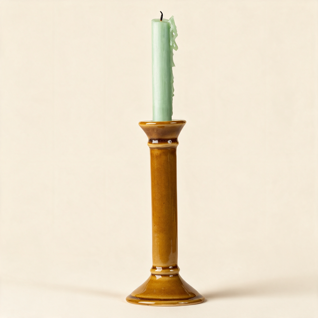 Handmade yellow ochre ceramic taper candlestick on a cream background