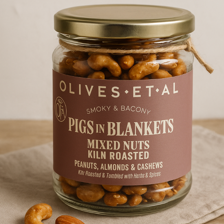 festive peanuts, almonds, cashews, dry roasted with a pigs in blanket flavour - made in dorset