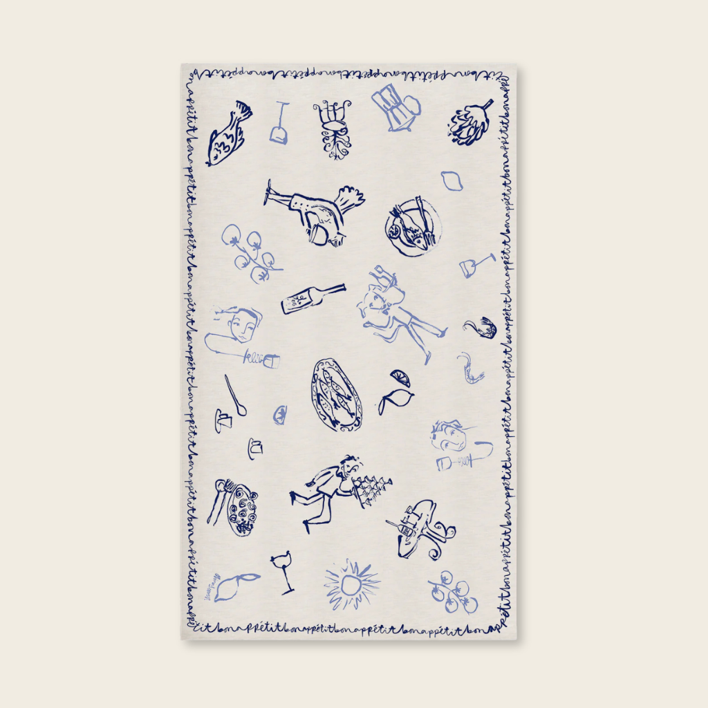 White table cloth with blue illustrations and text on a white background