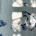 Blue line art hen and eggs on a light gray background