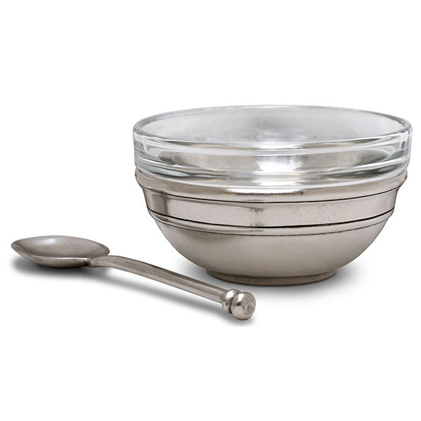 Osteria pewter condiment holder with glass insert and spoon, second view