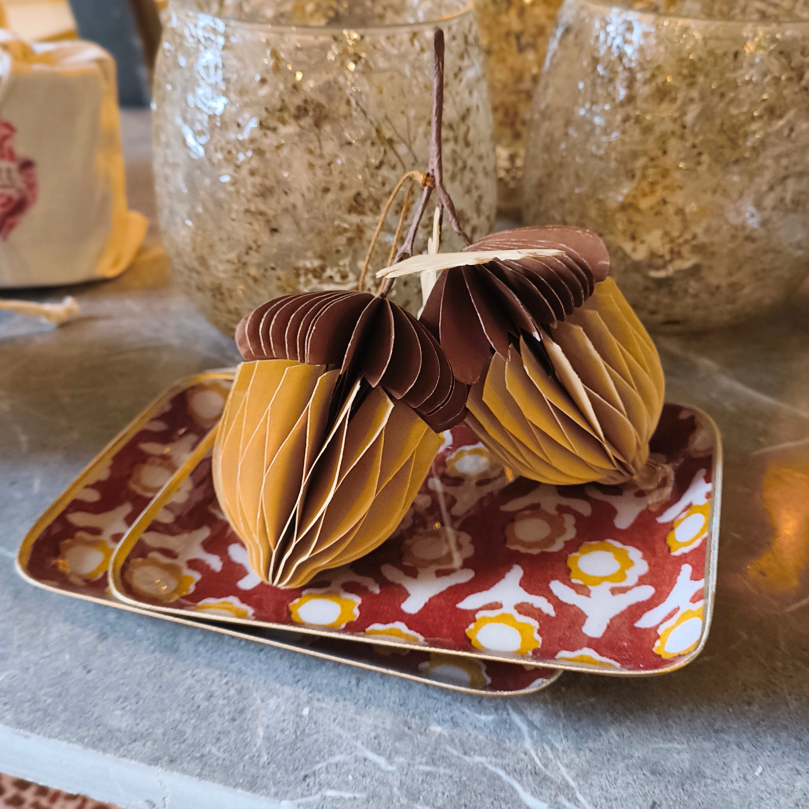 Decorative items on a table with a blurred background