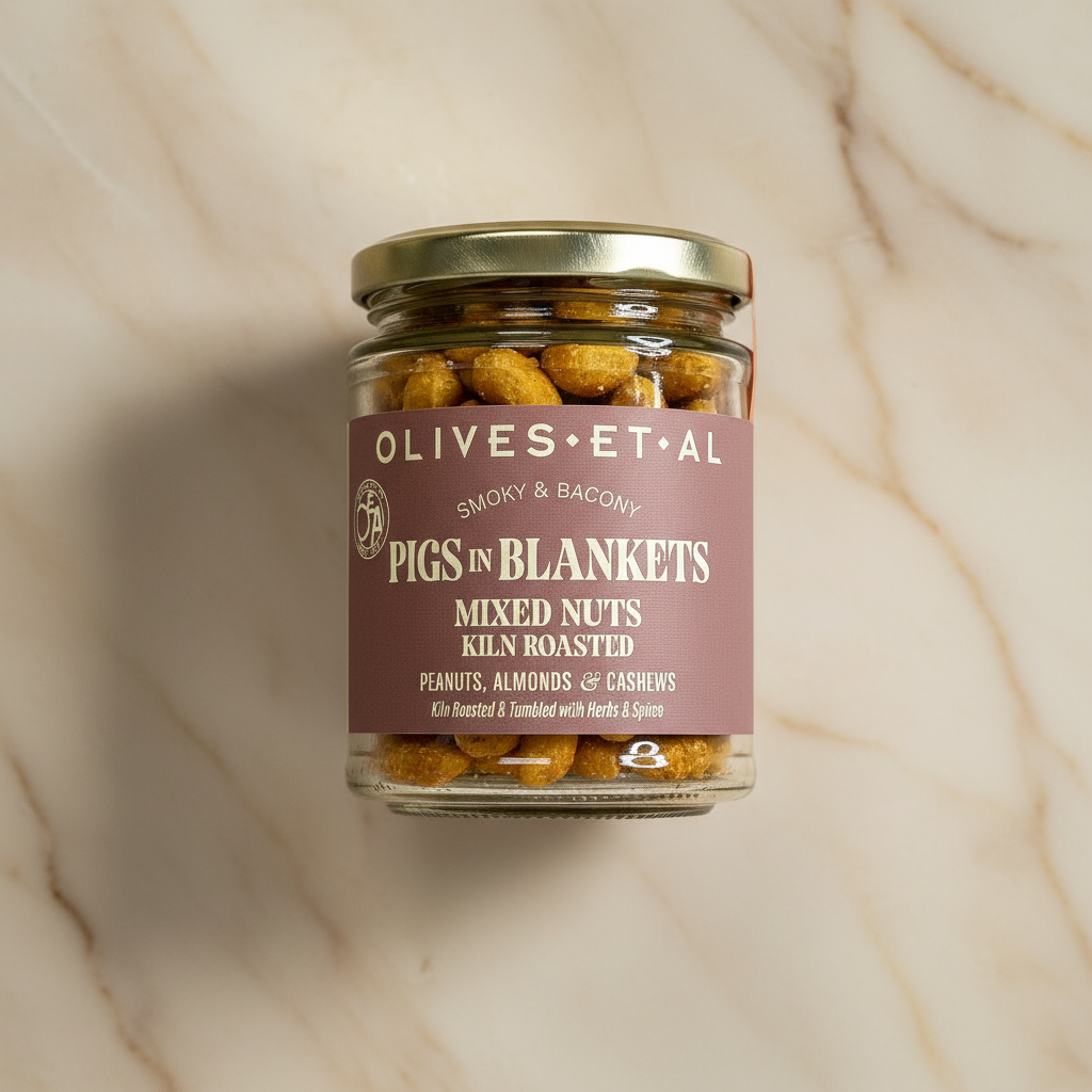 A glass jar containing 'Olives & Etc Pigs in Blankets Mixed Nuts' with a pink label on a marble surface.