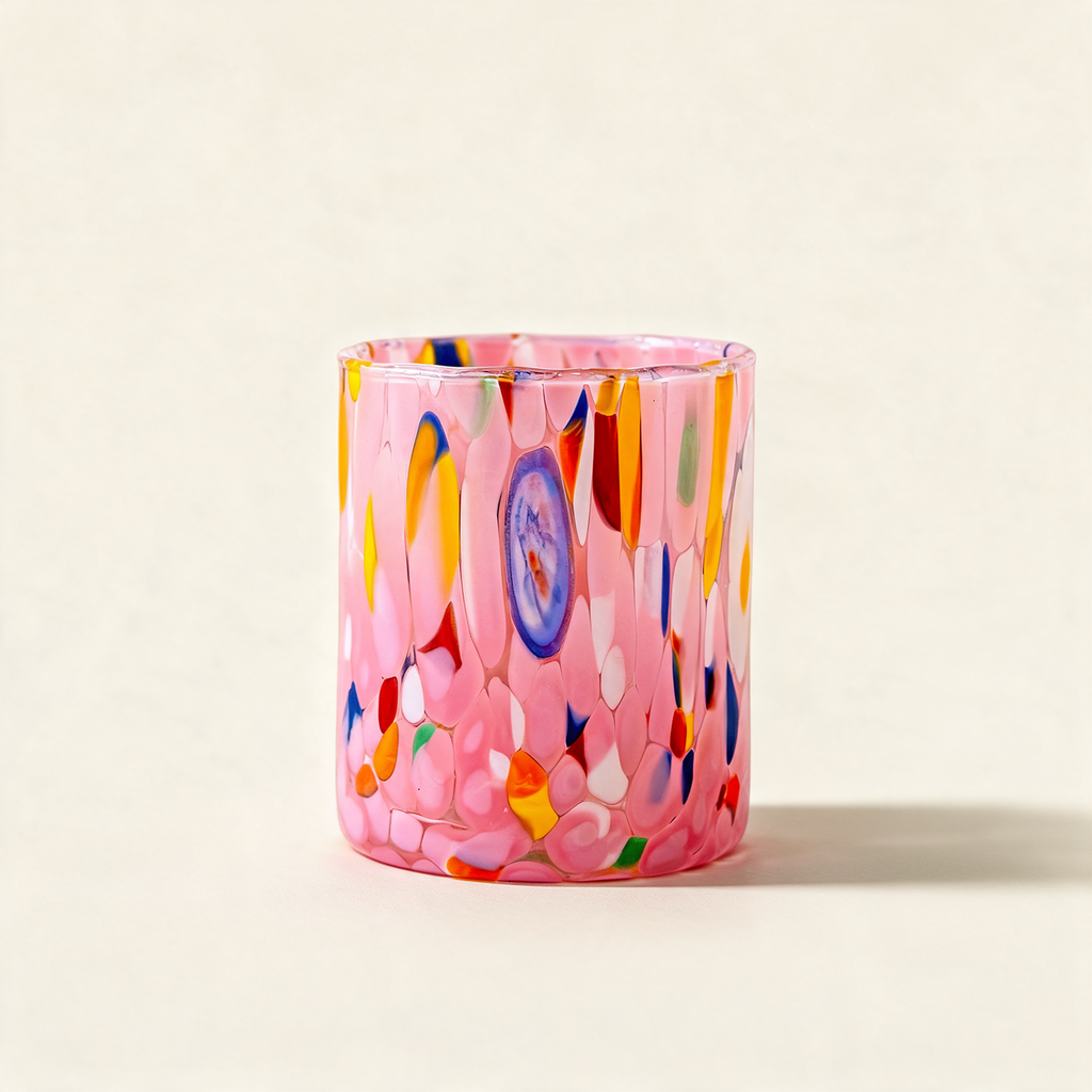 Pink Murano blown glass tumbler flecked with mixed colours on a cream background