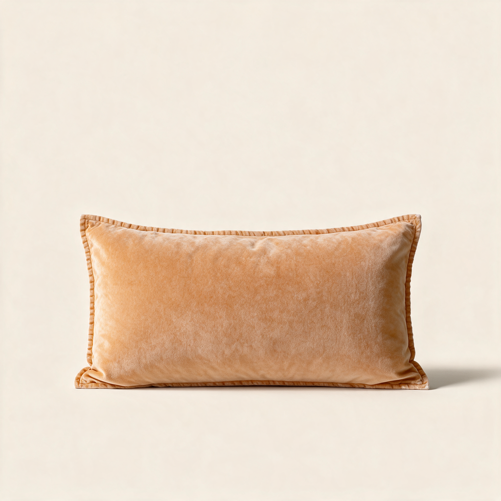 Copper amber velvet lumbar cushion cover, 30 x 60 cm, on a cream background