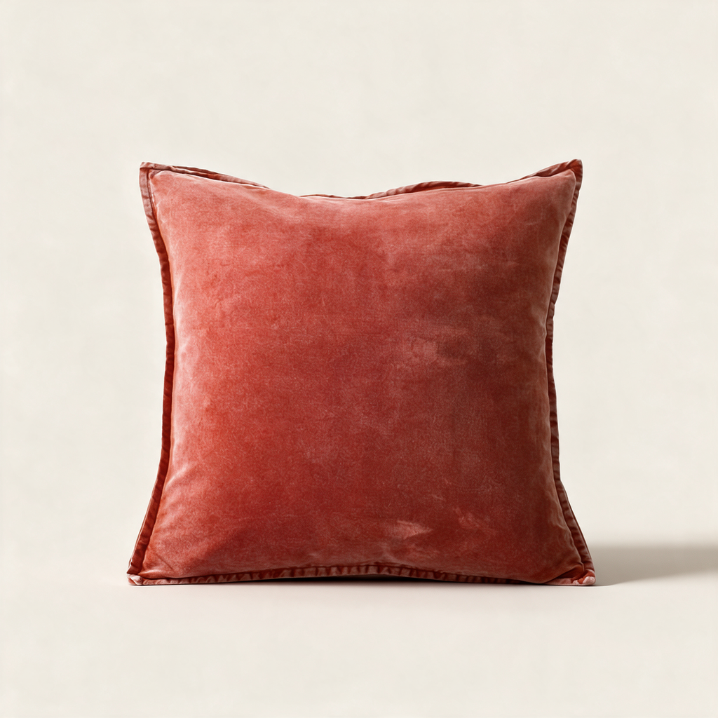 Squash coral terracotta velvet cushion cover, 50 x 50 cm, on a cream background