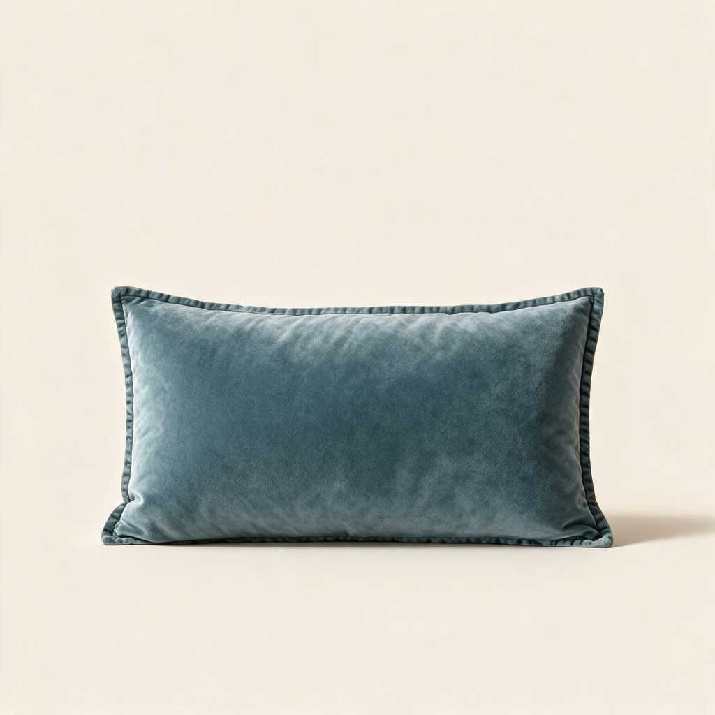 Teal grey-blue velvet lumbar cushion cover, 30 x 60 cm, on a cream background