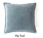 Teal grey-blue velvet cushion cover with a stitched edge