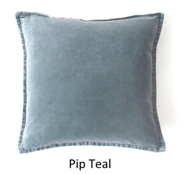 Teal grey-blue velvet cushion cover with a stitched edge