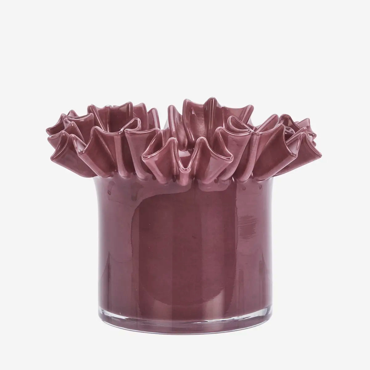 Purple ruffled vase on a white background