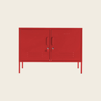 Red metal cabinet with two doors on a beige background